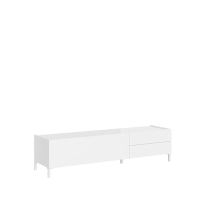 Porta TV Solaria bianco lucido con anta e due cassetti, mobile basso moderno per soggiorni eleganti e funzionali.