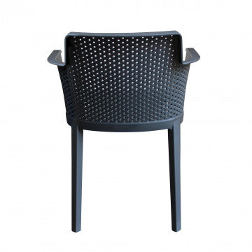 Retro della poltrona Cathy antracite con schienale traforato. Ideale per ambienti moderni, leggera e resistente. Dimensioni 60x58x76.5cm.