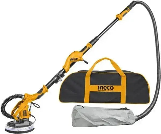 Levigatrice a giraffa 1050W Ingco con illuminazione LED, tubo aspirazione, borsa e accessori inclusi, ideale per superfici ampie e pareti.