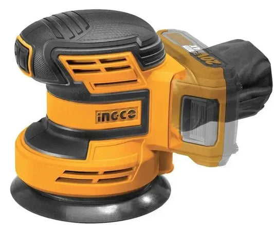 Levigatrice rotorbitale 20V batteria al litio Ingco con impugnatura ergonomica e design compatto, ideale per levigature precise e rapide.