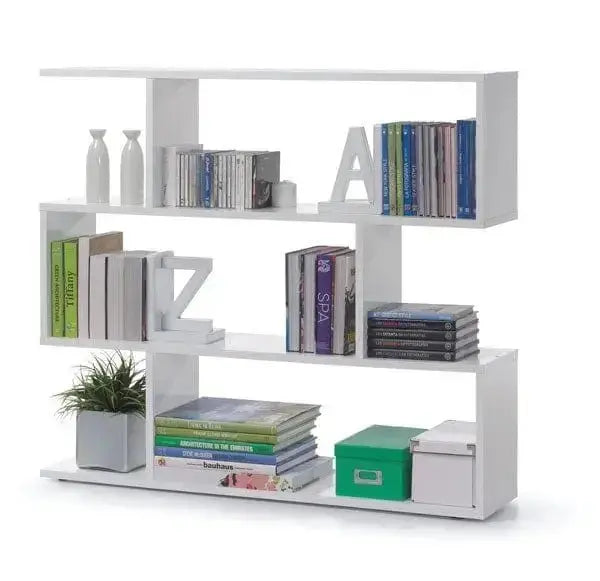 Libreria modulare Athena bianca in MDF con design moderno, ripiani personalizzabili e spazio per libri, decorazioni e accessori.