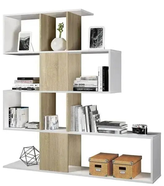 Libreria a Zig Zag in rovere e bianco con 11 scomparti e 4 livelli, design moderno e funzionale, ideale per libri e decorazioni.