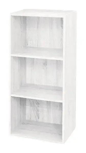 Libreria compatta in MDF bianco con tre ripiani, ideale per piccoli spazi e organizzazione essenziale.