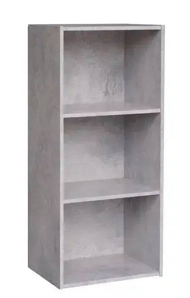 Libreria componibile in MDF grigio cemento con tre ripiani, dal design moderno e pratico per ogni ambiente.