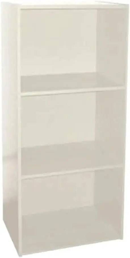 Libreria compatta in MDF bianco lucido con tre ripiani, dal design essenziale e moderno per piccoli spazi.