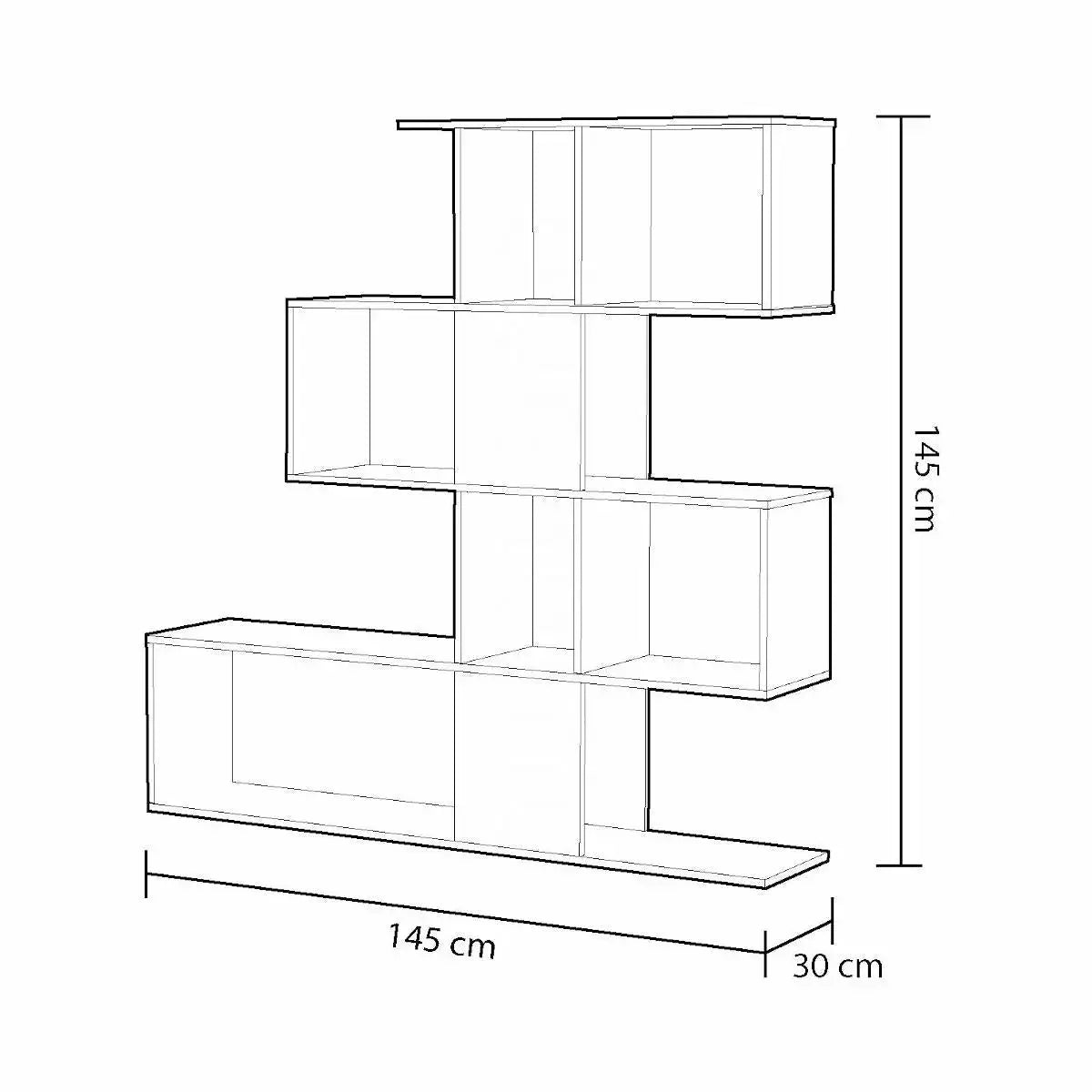 Disegno tecnico della libreria Zig-Zag in cemento bianco 145x145x30 cm, con misure dettagliate per una scelta d'arredo precisa.