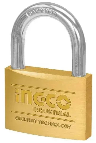 Lucchetto ad arco INGCO in ottone con arco in acciaio resistente, ideale per sicurezza industriale. Disponibile in diverse misure.