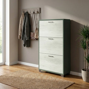 Scarpiera 3 ante MDF 70x29x115 cm, finitura titanio e quercia bianco