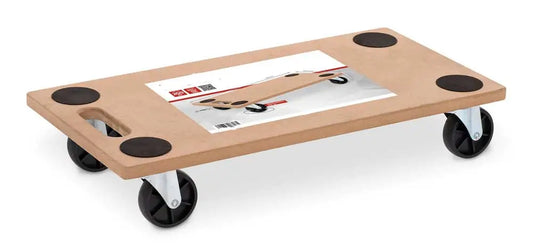 Carrello piano in legno con ruote nere, supporta fino a 200 kg, ideale per spostamenti robusti e facili, superficie in legno naturale, SKU: M-120006