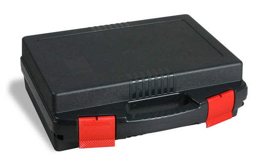 Valigetta portautensili in plastica nera con chiusure rosse, dimensioni 32,5x31x11 cm, ideale per organizzare strumenti da lavoro.