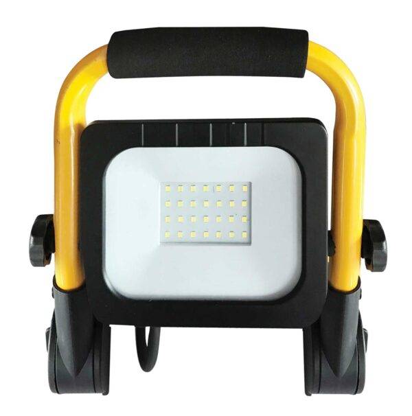 Faretto LED impermeabile con supporto regolabile IP65, struttura gialla e nera, ideale per illuminazione potente e duratura.