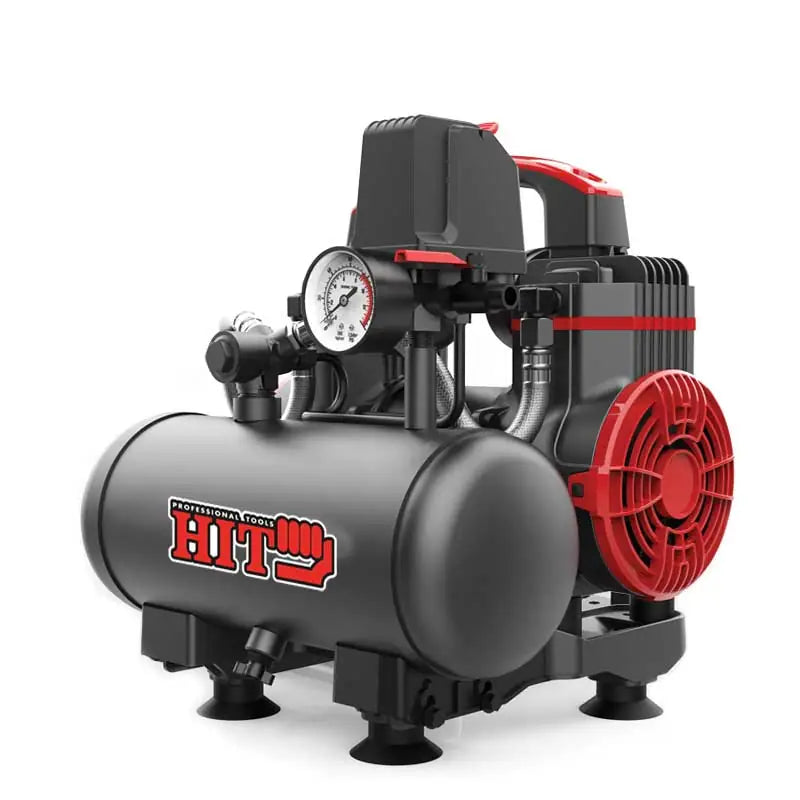 Compressore silenziato compatto da 3 litri con motore potente, serbatoio in metallo nero, manometro e ventola rossa, ideale per lavori professionali