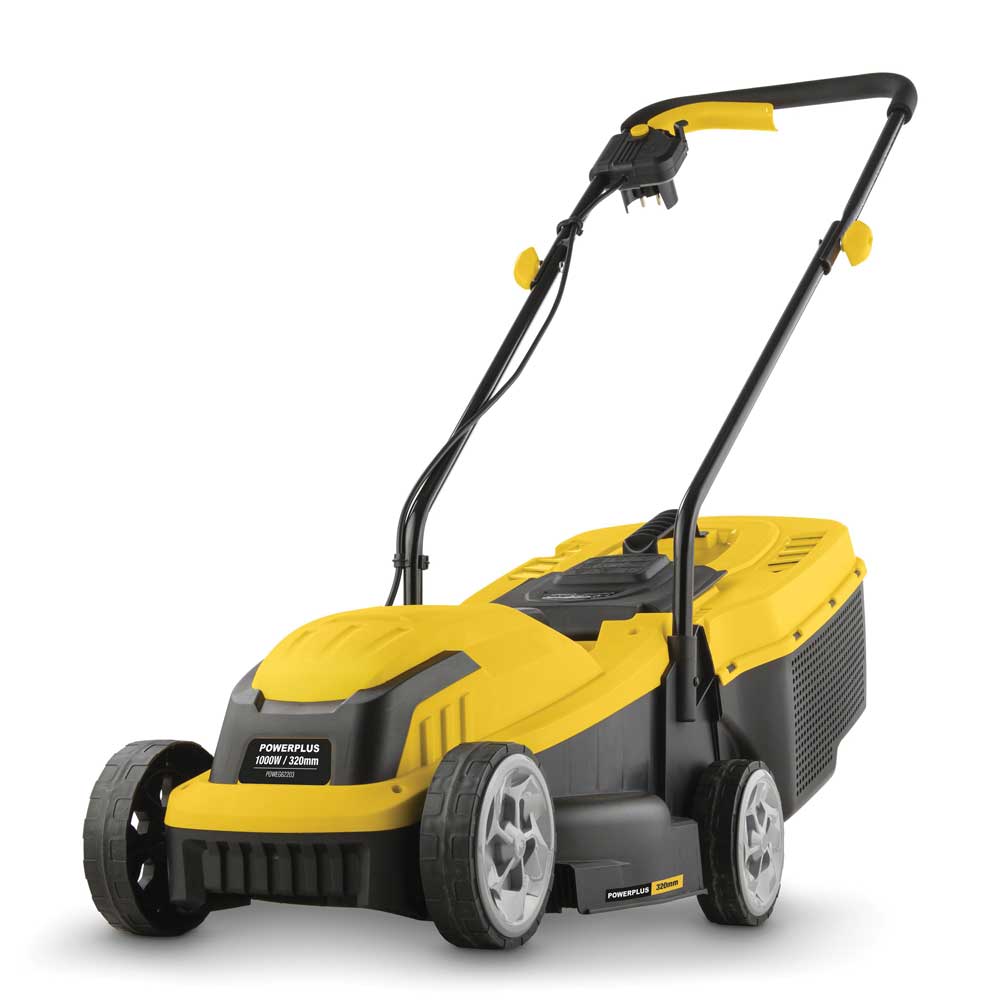 Rasaerba elettrico giallo e nero con larghezza di taglio di 320mm e contenitore di raccolta da 30 litri, ideale per giardini piccoli e medi