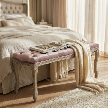 Panca in legno con rivestimento in velluto rosa 110x36x47 cm