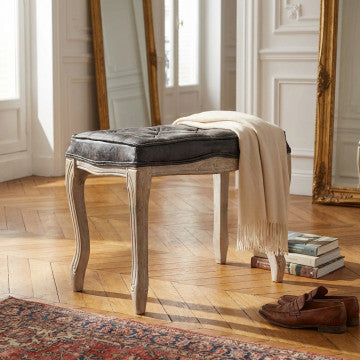 Sgabello in legno con rivestimento ecopelle vintage, dimensioni 50x36x47 cm