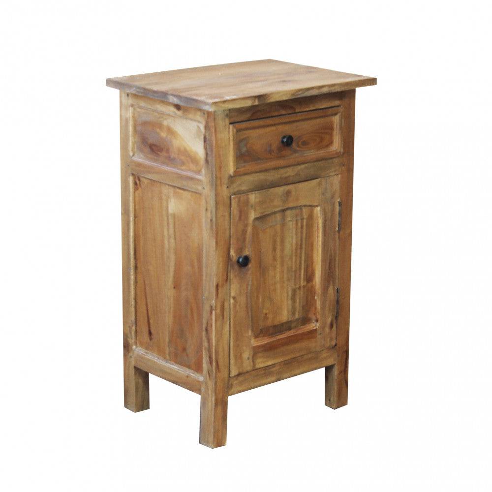 Comodino in legno di mogano con finitura naturale, dimensioni 43x33x70cm, con cassetto e anta, ideale come mobiletto rettangolare in camera