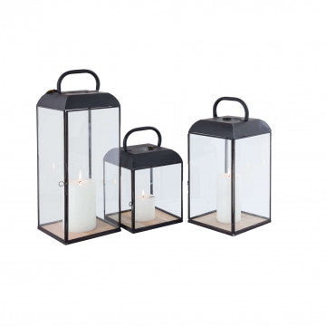 Lanterna antracite in metallo e vetro con base in legno 44 cm