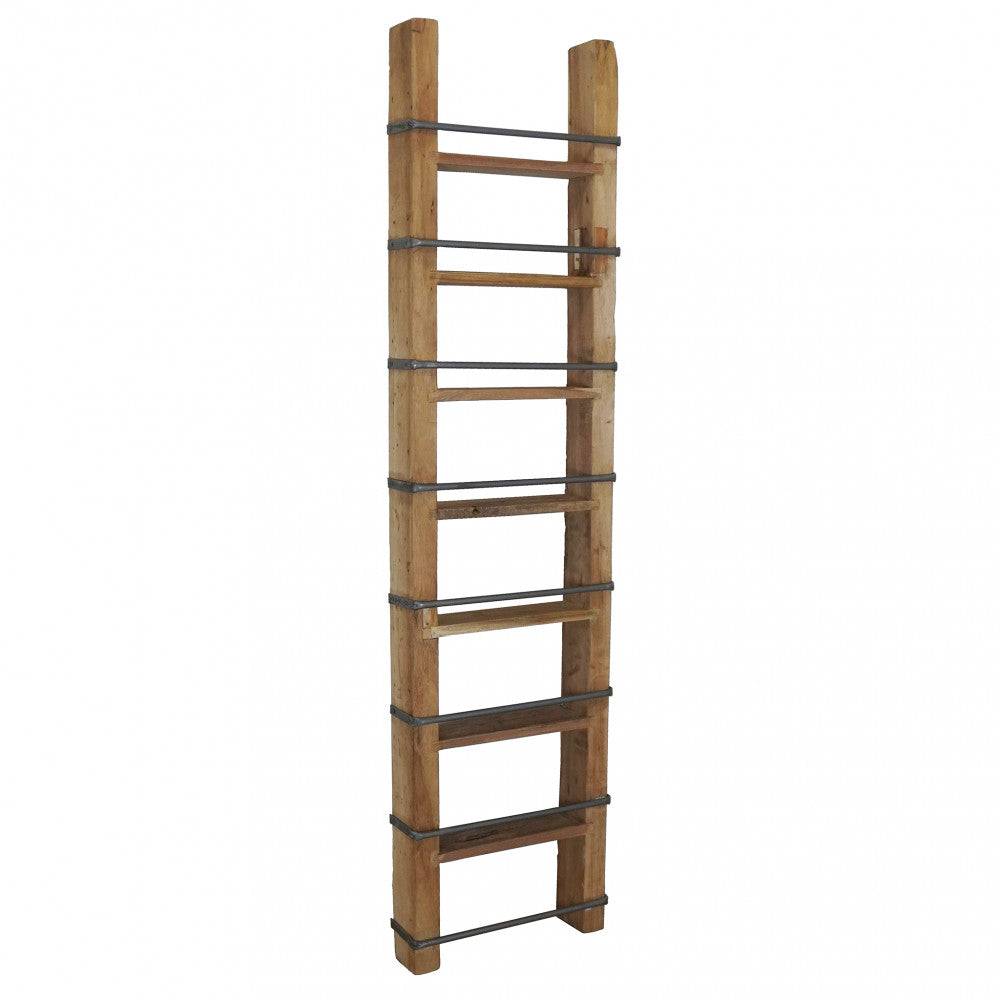 Libreria in legno riciclato marrone con struttura rettangolare, 41x11x165cm, con ripiani in legno e barre metalliche per esposizione di libri e oggetti