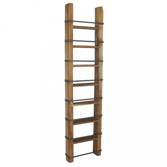 Libreria in legno riciclato marrone con struttura rettangolare, 41x11x165cm, con ripiani in legno e barre metalliche per esposizione di libri e oggetti