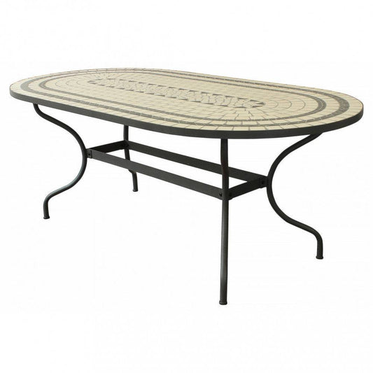 Tavolo da esterno ovale con piano in mosaico beige e antracite, base in ferro nero, ideale per spazi outdoor, dimensioni 200x100 cm.