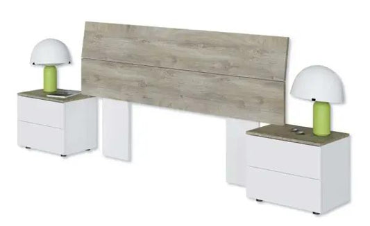 Dettaglio del set Testiera Letto Matrimoniale con 2 comodini coordinati in Bianco Artik e Rovere Alaska, stile elegante e minimalista.