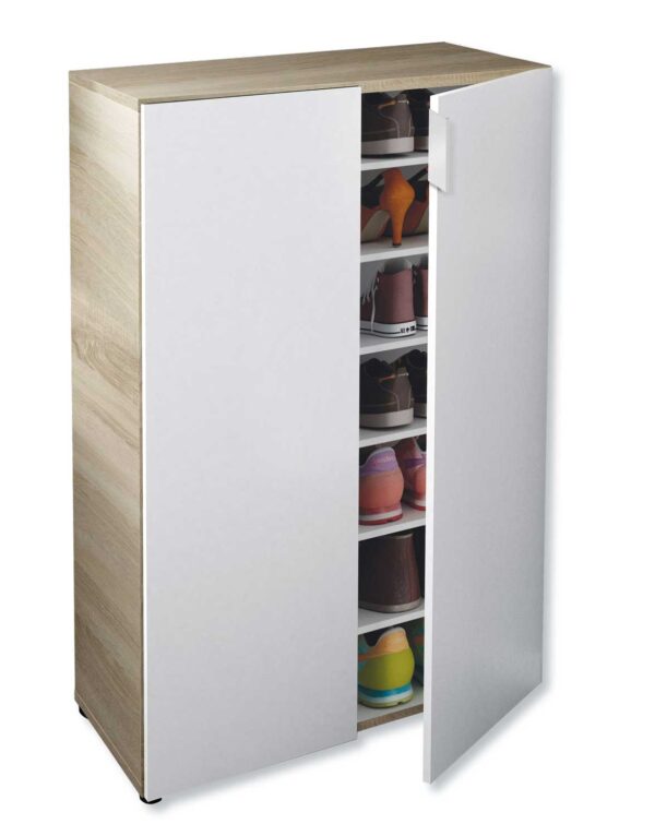 Scarpiera a 2 ante e 6 ripiani in legno rovere e bianco, capacità 28 paia, con design moderno e compatto per organizzare scarpe.