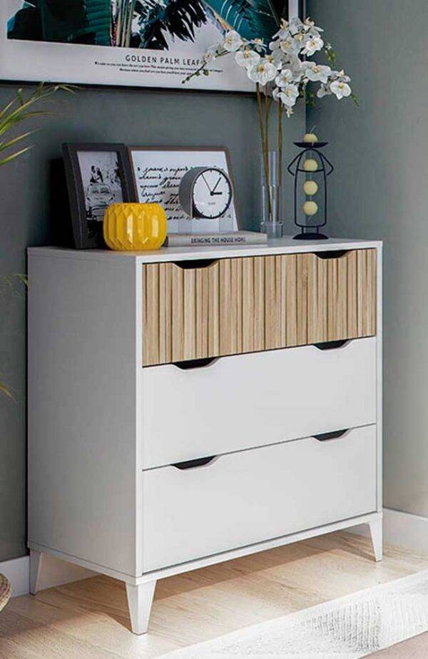 Cassettiera 3 cassetti Ethna 70,5x40x76h Bianco Artik e Natural con design moderno, ideale per soggiorno o camera da letto. Mobile contenitore elegante e funzionale.