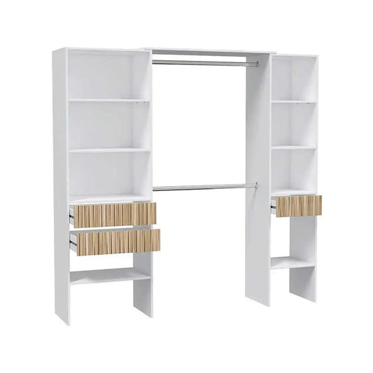 Armadio guardaroba Ethna 3 cassetti + ripiani 190x40x187h in legno bianco con dettagli effetto legno, ideale per organizzare vestiti e accessori.