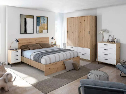 Camera da letto moderna con letto in legno chiaro, armadio e comodini abbinati, stile minimalista e funzionale, SKU: MK-0T6081W