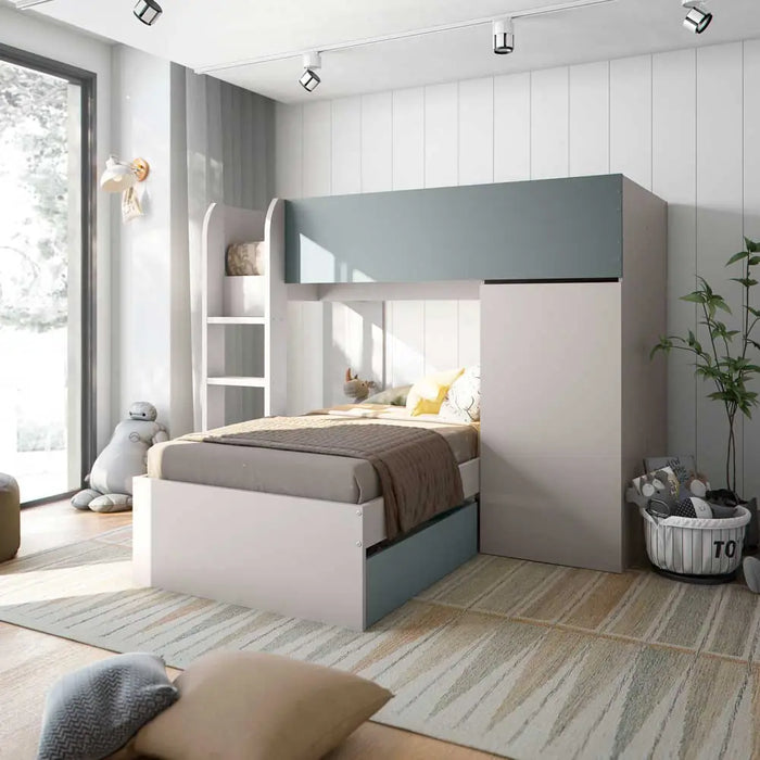 Letto a soppalco Chachemir Fores 2 letti+armadio - 255x111x152H cm