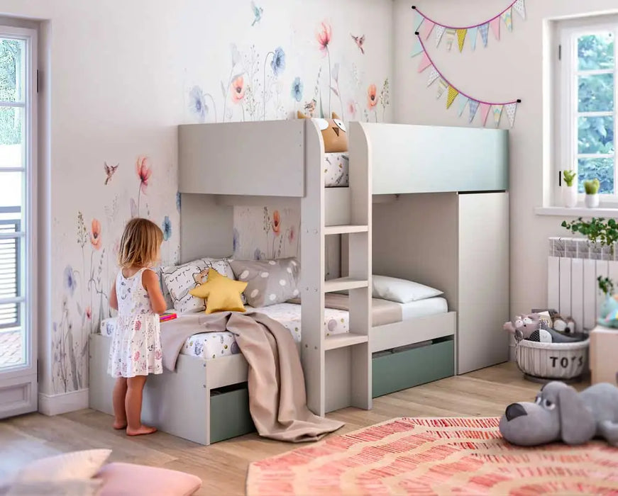 Letto a soppalco Chachemir Fores 2 letti+armadio - 255x111x152H cm
