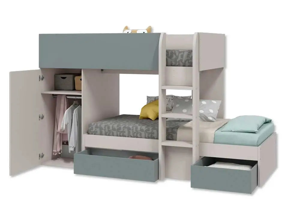 Letto a soppalco Chachemir Fores 2 letti+armadio - 255x111x152H cm