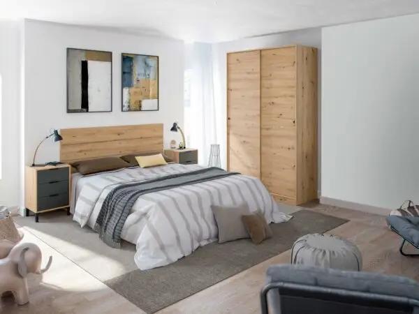 Camera da letto arredata con testiera matrimoniale e comodini in Rovere nodi e Grigio antracite, stile contemporaneo e accogliente.