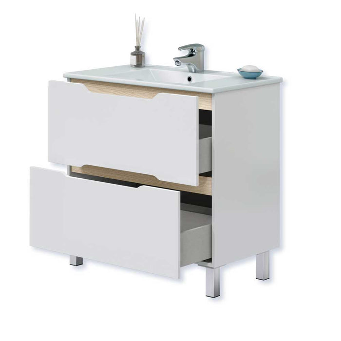 Mobile Bagno Lea 80 2 Cassetti Bianco Lucido Rovere