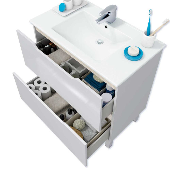 Mobile Bagno Lea 80 2 Cassetti Bianco Lucido Rovere