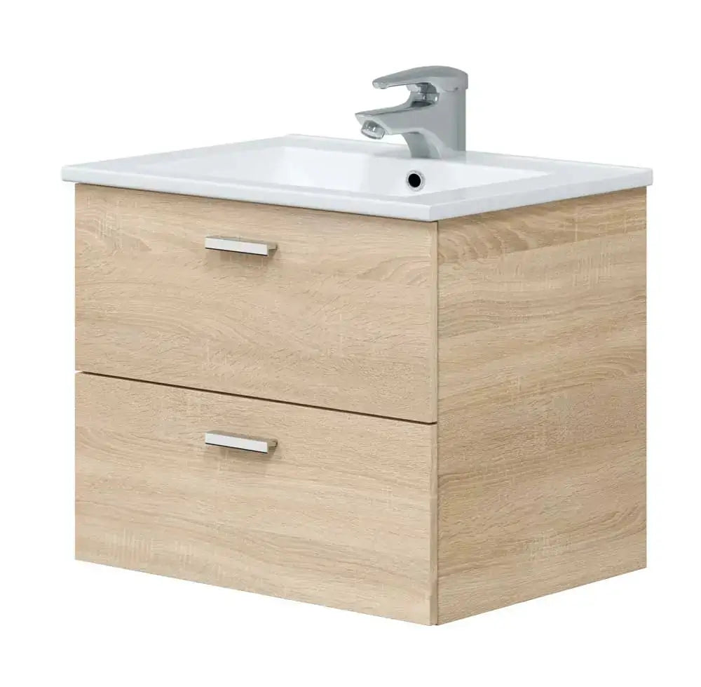 Mobile bagno Eco kit 60 2 cassetti rovere canadian 60x45x50h con lavabo integrato e finitura effetto legno chiaro. Ideale per bagni moderni.