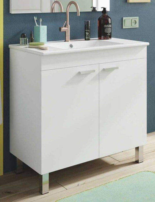 Mobile bagno Atenea 80 2 ante bianco lucido 80x45x80h con lavello in ceramica, design moderno per arredo bagno funzionale e raffinato.