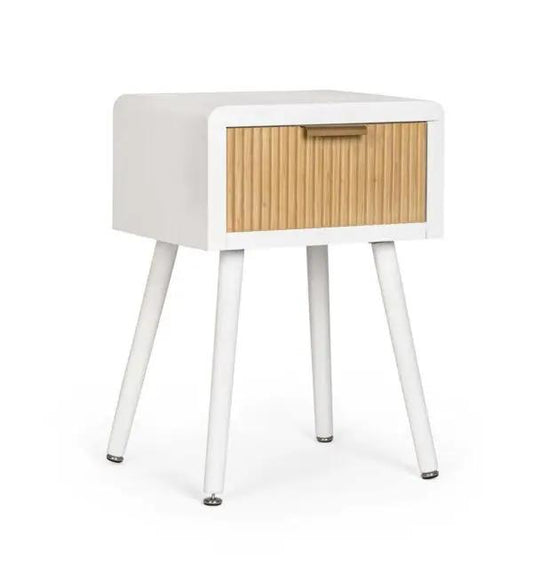 Comodino 1 cassetto Charley colore bianco-naturale, realizzato in legno di Paulownia con gambe in pino. Dimensioni 40x30x57H, ideale per la camera da letto.