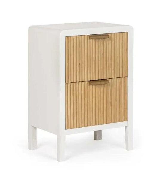 Cassettiera 2 cassetti Charley colore bianco-naturale 40x30x60h in legno di pino con finitura a base d’acqua. Design moderno per organizzazione domestica.