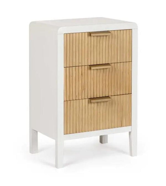 Cassettiera con 3 cassetti Charley bianco-naturale, realizzata in MDF e Paulownia con gambe in pino. Dimensioni compatte 40x30x62H, ideale per casa.
