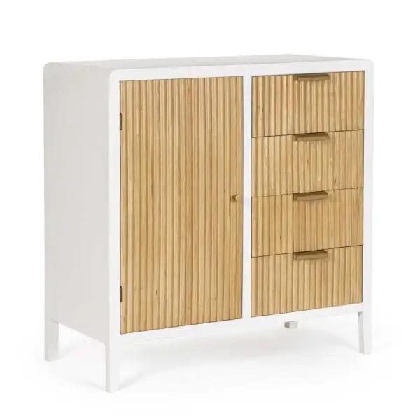 Mobile credenza Charley bianco-naturale con 1 anta e 4 cassetti, dimensioni 80x40x82H, in MDF e Paulownia con finitura d'acqua.