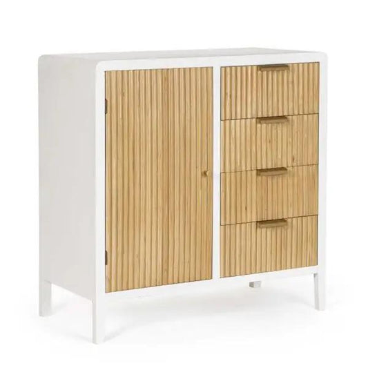 Mobile credenza Charley bianco-naturale con 1 anta e 4 cassetti, dimensioni 80x40x82H, in MDF e Paulownia con finitura d'acqua.