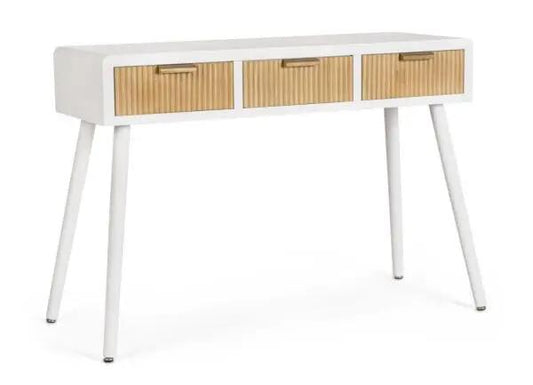 Consolle Charley bianca con 3 cassetti in finitura naturale, design moderno e dimensioni compatte 110x40x78 cm, ideale per arredamento elegante.