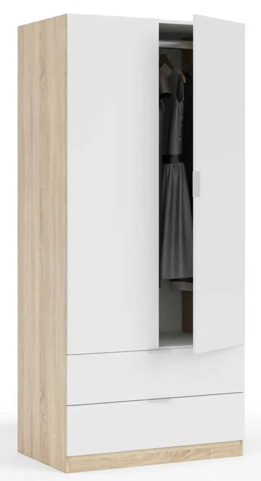 Armadio moderno bianco artik e rovere Canadian con 2 ante e 2 cassetti, ideale per camere da letto, dimensioni 81x52x180h.