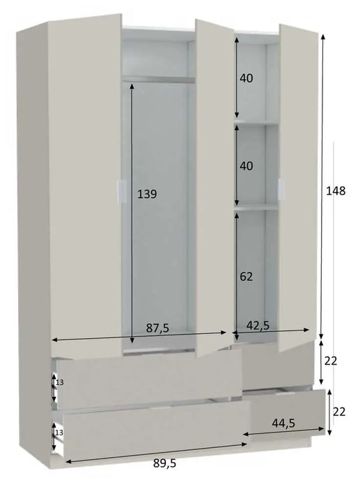 Armadio Fores 3 Ante e 4 Cassetti Cachemir - 135x52x200h