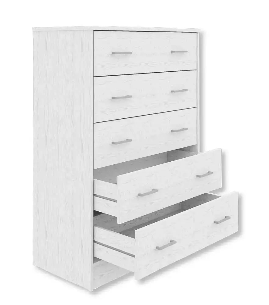 Cassettiera 5 cassetti bianco Alpes 79x40x114 cm in legno resistente con maniglie moderne, ideale per camera da letto o soggiorno.
