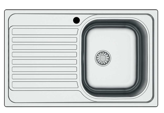 Lavello in acciaio satinato da incasso 79x50 cm con una vasca quadrata e gocciolatoio laterale, design moderno e funzionale per cucina.