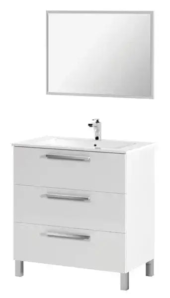 Mobile bagno bianco con 3 cassetti, dimensioni 80x45x86 cm, completo di lavello in ceramica e specchio. Design moderno ed elegante per arredo bagno.