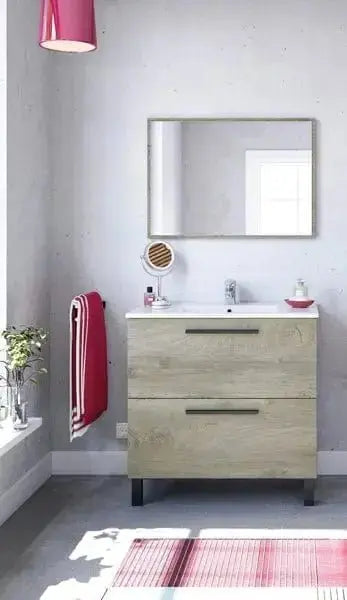 Mobile Bagno Athena 80x45x80 cm in Rovere Alaska con 2 cassetti, lavello in ceramica e specchio, design moderno ed elegante per il bagno.