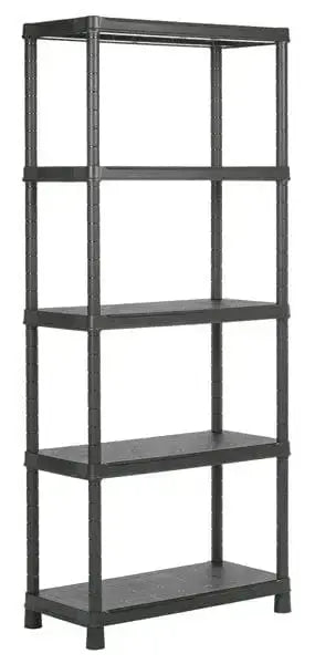Scaffale in resina con 5 ripiani rinforzati, struttura robusta e design nero, dimensioni 80x40x187 cm, ideale per casa o garage.